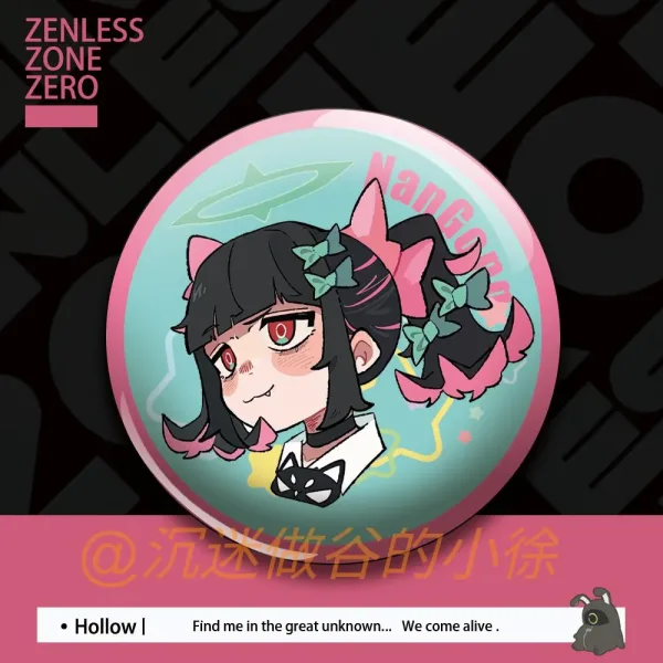 Round 58mm Zenless Zone Zero tinplate badges showing cute chibi illustrations of green-haired Sunna, twin-tailed Nangong Yu, and pink-haired Aria on pastel pink and mint backgrounds.
