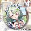 Round 58mm Zenless Zone Zero tinplate badges showing character Sunna in a pink floral kimono under cherry blossoms and blushing in a maid outfit.