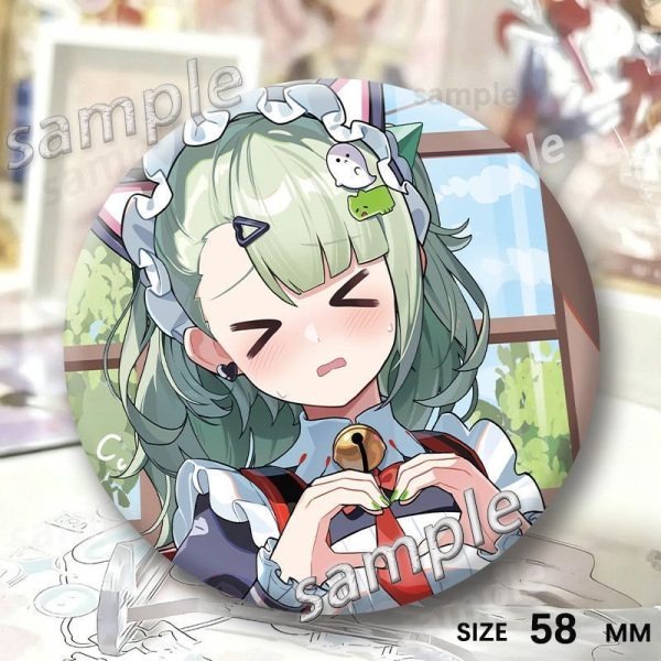 Round 58mm Zenless Zone Zero tinplate badges showing character Sunna in a pink floral kimono under cherry blossoms and blushing in a maid outfit.