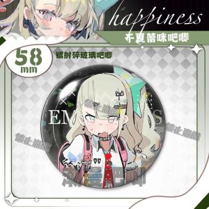 Round 58mm Zenless Zone Zero badge of character Chinatsu with a sparkling rainbow laser shattered-glass holographic film overlay.