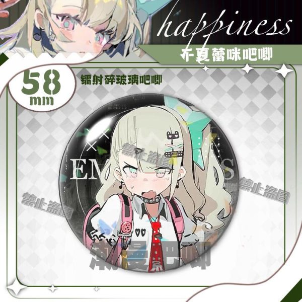 Round 58mm Zenless Zone Zero badge of character Chinatsu with a sparkling rainbow laser shattered-glass holographic film overlay.