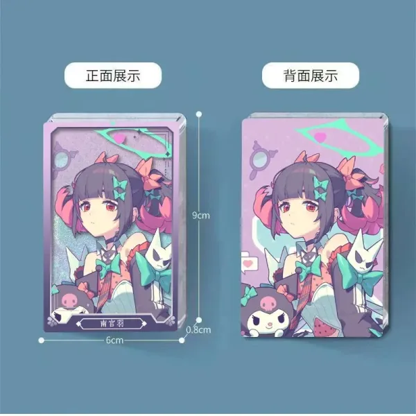 Thick rectangular $6\times 9\text{cm}$ Zenless Zone Zero acrylic mahjong block and a matching round 58mm badge showcasing character Nangong Yu with a purple holographic background layer.