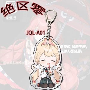 Six different Zenless Zone Zero acrylic keychains featuring chibi Alice and Ukiha Yuzuha sipping bubble tea and posing with funny expressions.