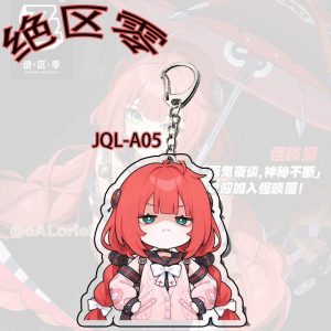 Six different Zenless Zone Zero acrylic keychains featuring chibi Alice and Ukiha Yuzuha sipping bubble tea and posing with funny expressions.