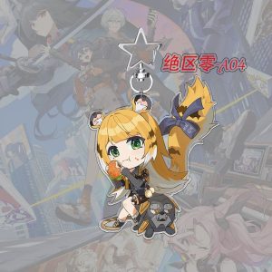 A $5\text{cm}$ Zenless Zone Zero acrylic chibi keychain showcasing character Ukiha Yuzuha with bright green eyes and crimson braids holding a mechanical red umbrella.