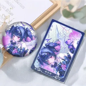 Thick rectangular $6\times 9\text{cm}$ Zenless Zone Zero acrylic mahjong block and a matching round 58mm badge showcasing character Nangong Yu with a purple holographic background layer.