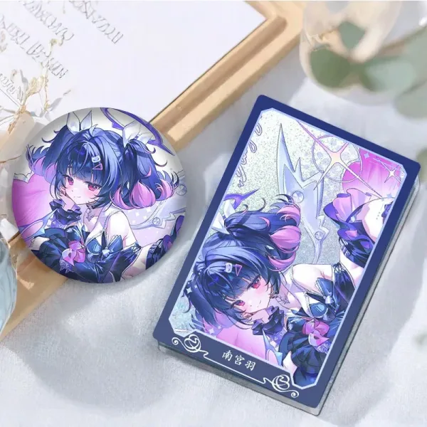 Thick rectangular $6\times 9\text{cm}$ Zenless Zone Zero acrylic mahjong block and a matching round 58mm badge showcasing character Nangong Yu with a purple holographic background layer.
