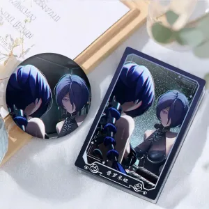 Thick rectangular Zenless Zone Zero acrylic mahjong block and a matching round badge showcasing character Promeia looking into a mirror reflection.