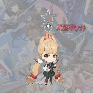 A $5\text{cm}$ Zenless Zone Zero acrylic chibi keychain showcasing character Ukiha Yuzuha with bright green eyes and crimson braids holding a mechanical red umbrella.