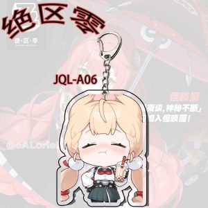 Six different Zenless Zone Zero acrylic keychains featuring chibi Alice and Ukiha Yuzuha sipping bubble tea and posing with funny expressions.