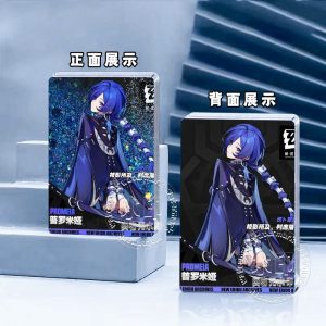 Three sizes of Zenless Zone Zero acrylic quicksand card bricks featuring characters Promeia and Billy Kid with sparkling liquid glitter backgrounds.