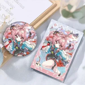 Thick rectangular Zenless Zone Zero acrylic mahjong block and a matching round badge showcasing character Zhao with pink hair and red eyes on a glittering background.