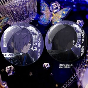 Round Zenless Zone Zero double-flash badges showcasing character Promeia cuddling a dog and in tactical loading screen portrait styles with an iridescent background shine.