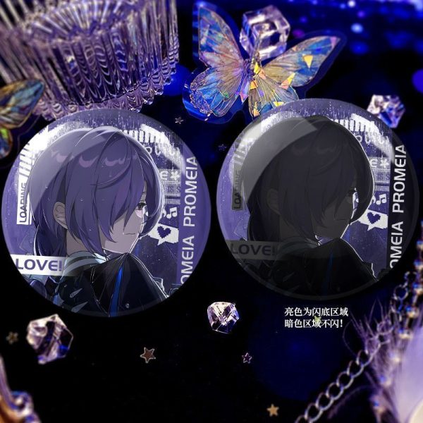 Round Zenless Zone Zero double-flash badges showcasing character Promeia cuddling a dog and in tactical loading screen portrait styles with an iridescent background shine.