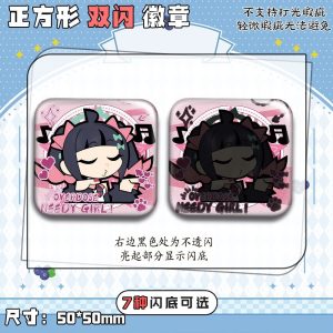 50mm square ZZZ anime badges of Nangong Yu and Cissia with funny meme expressions and shimmering holographic double-flash effects.
