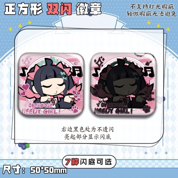 50mm square ZZZ anime badges of Nangong Yu and Cissia with funny meme expressions and shimmering holographic double-flash effects.