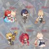 A $5\text{cm}$ Zenless Zone Zero acrylic chibi keychain showcasing character Ukiha Yuzuha with bright green eyes and crimson braids holding a mechanical red umbrella.