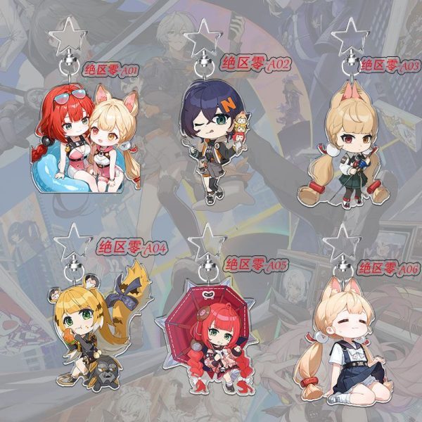 A $5\text{cm}$ Zenless Zone Zero acrylic chibi keychain showcasing character Ukiha Yuzuha with bright green eyes and crimson braids holding a mechanical red umbrella.