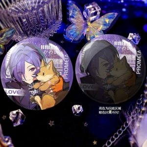 Round Zenless Zone Zero double-flash badges showcasing character Promeia cuddling a dog and in tactical loading screen portrait styles with an iridescent background shine.