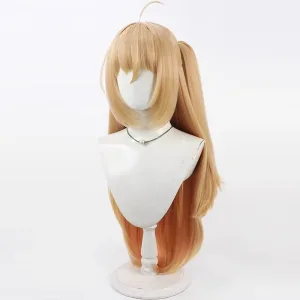 Premium blonde cosplay wig for Cissia from Zenless Zone Zero featuring a detachable side ponytail and a subtle salmon-pink highlight gradient underneath.