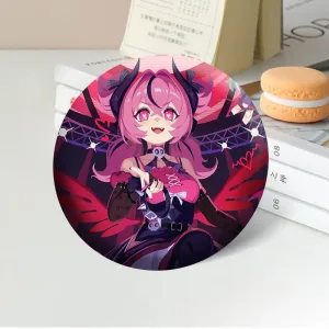 Thick rectangular Zenless Zone Zero acrylic mahjong block and a matching round badge showcasing character Aria with pink hair, bat wings, and a sparkling pink stage background.