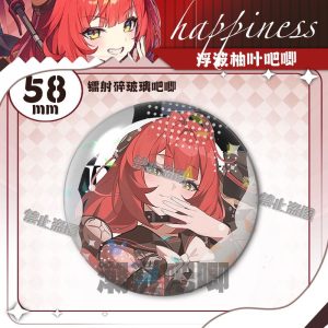 Round $58\text{mm}$ Zenless Zone Zero tinplate fan badge showing character Ukiha Yuzuha with red hair and green eyes covered in a shimmering laser shattered-glass holographic film.
