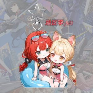 A $5\text{cm}$ Zenless Zone Zero acrylic chibi keychain showcasing character Ukiha Yuzuha with bright green eyes and crimson braids holding a mechanical red umbrella.