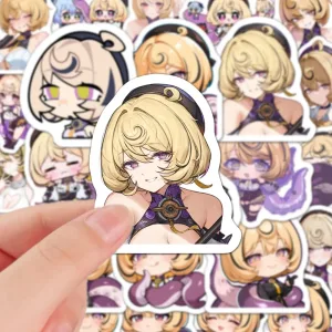 A collection of high-definition die-cut Zenless Zone Zero vinyl chibi stickers showing various cute, tentacled expressions of character Eridheiry with short blonde hair and purple outfits.