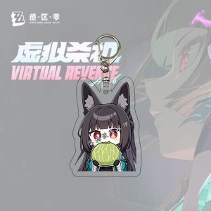 Six separate Zenless Zone Zero acrylic chibi keychains showing character Hoshimi Miyabi in various emote expressions, hiding in a box, and wearing a green melon costume.