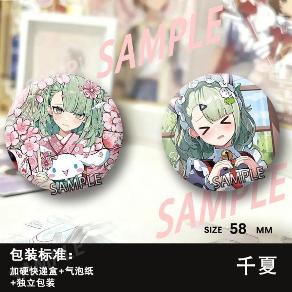 Round 58mm Zenless Zone Zero tinplate fan badge showing character Sunna in a pink cherry blossom kimono and blushing in a cat-ear maid outfit.