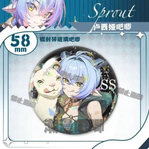 Round 58mm Zenless Zone Zero tinplate badge showcasing character Luciana with colorful gradient hair and elf ears under a glittering shattered glass holographic layer.