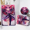 Thick rectangular Zenless Zone Zero acrylic mahjong block and a matching round badge showcasing character Aria with pink hair, bat wings, and a sparkling pink stage background.