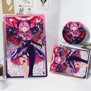 Thick rectangular Zenless Zone Zero acrylic mahjong block and a matching round badge showcasing character Aria with pink hair, bat wings, and a sparkling pink stage background.
