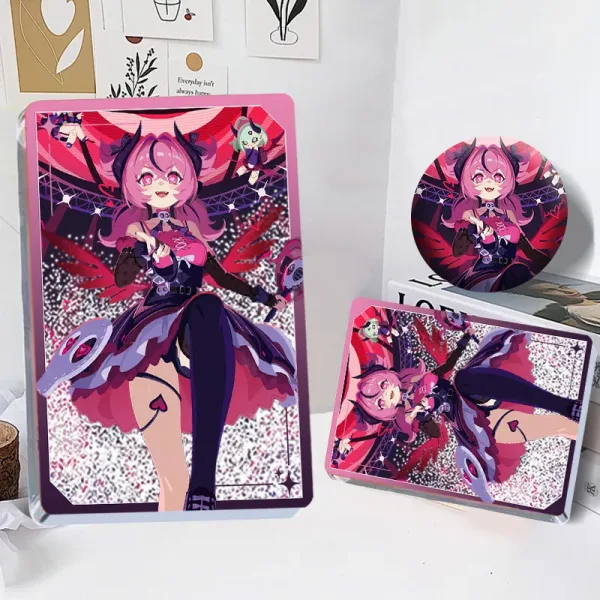 Thick rectangular Zenless Zone Zero acrylic mahjong block and a matching round badge showcasing character Aria with pink hair, bat wings, and a sparkling pink stage background.
