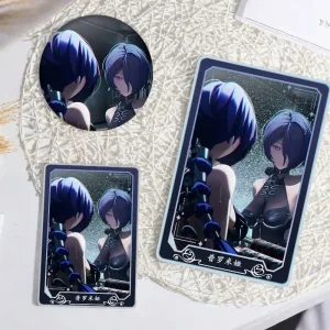 Thick rectangular Zenless Zone Zero acrylic mahjong block and a matching round badge showcasing character Promeia looking into a mirror reflection.