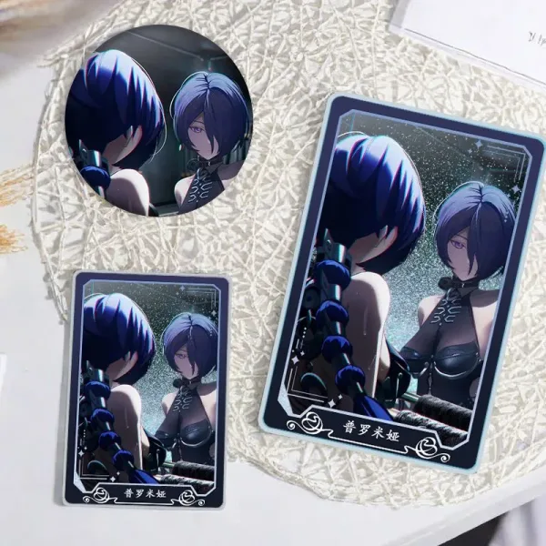 Thick rectangular Zenless Zone Zero acrylic mahjong block and a matching round badge showcasing character Promeia looking into a mirror reflection.