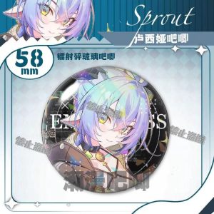 Round 58mm Zenless Zone Zero tinplate badge showcasing character Luciana with colorful gradient hair and elf ears under a glittering shattered glass holographic layer.