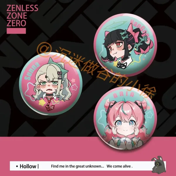 Round 58mm Zenless Zone Zero tinplate badges showing cute chibi illustrations of green-haired Sunna, twin-tailed Nangong Yu, and pink-haired Aria on pastel pink and mint backgrounds.