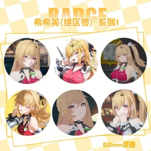 Collection of round 58mm Zenless Zone Zero tinplate badges showcasing agent Cissia in various expressions, chibi styles, and tactical N.E.P.S. outfits.
