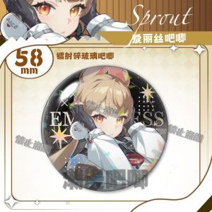 Round 58mm Zenless Zone Zero tinplate badge showcasing character Alice with blonde braided hair, rabbit ears, and orange eyes under a glittering shattered glass holographic layer.
