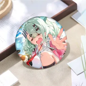 Thick rectangular Zenless Zone Zero acrylic mahjong block and matching round badge showcasing a beautiful summer illustration of green-haired character Sunna reaching out with a calico cat.