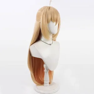 Premium blonde cosplay wig for Cissia from Zenless Zone Zero featuring a detachable side ponytail and a subtle salmon-pink highlight gradient underneath.