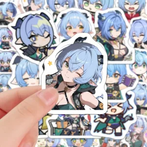 A collection of high-definition die-cut Zenless Zone Zero vinyl chibi stickers showing various cute, horn-eared expressions of character Luciana with light blue hair.