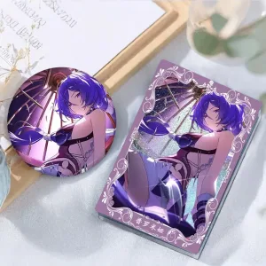 Thick rectangular Zenless Zone Zero acrylic mahjong block and matching round badge showcasing a beautiful illustration of character Promeia sitting under a parasol umbrella with purple lighting.