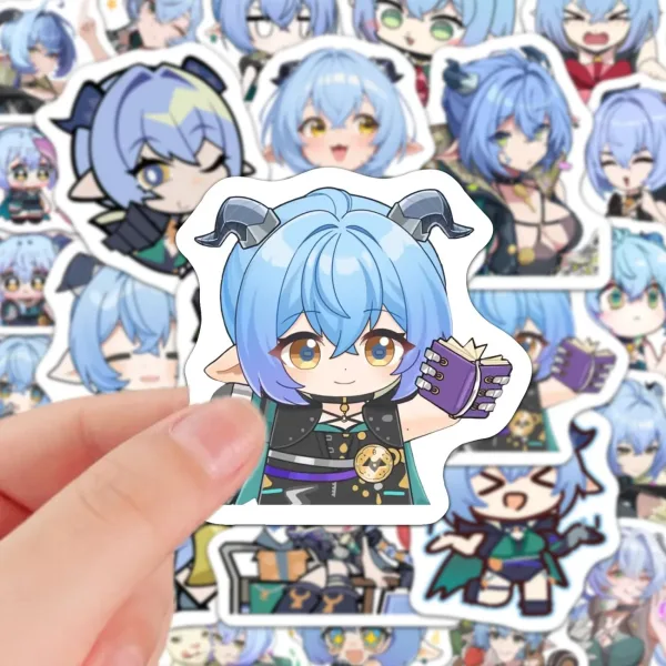 A collection of high-definition die-cut Zenless Zone Zero vinyl chibi stickers showing various cute, horn-eared expressions of character Luciana with light blue hair.