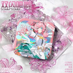 50mm square Zenless Zone Zero character badges with colorful holographic double-flash effects and reflective agent art.