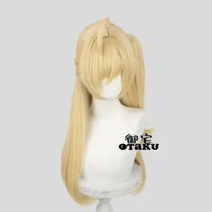 Premium 75cm blonde cosplay wig for Cissia from Zenless Zone Zero, displaying a realistic top scalp parting and a long detachable claw-clip ponytail.