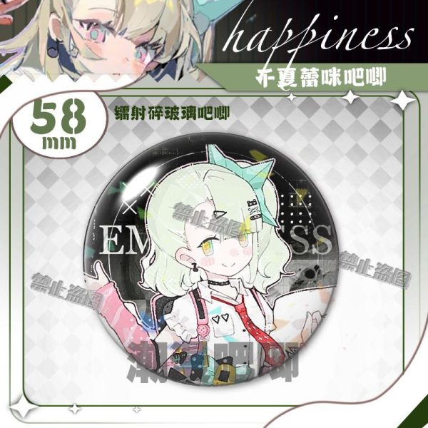 Round 58mm Zenless Zone Zero badge of character Chinatsu with a sparkling rainbow laser shattered-glass holographic film overlay.