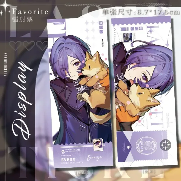 A $6.7\times 17.5\text{cm}$ dual-sided Zenless Zone Zero laser ticket showing a cute illustration of blue-haired character Promeia holding a Shiba Inu dog.