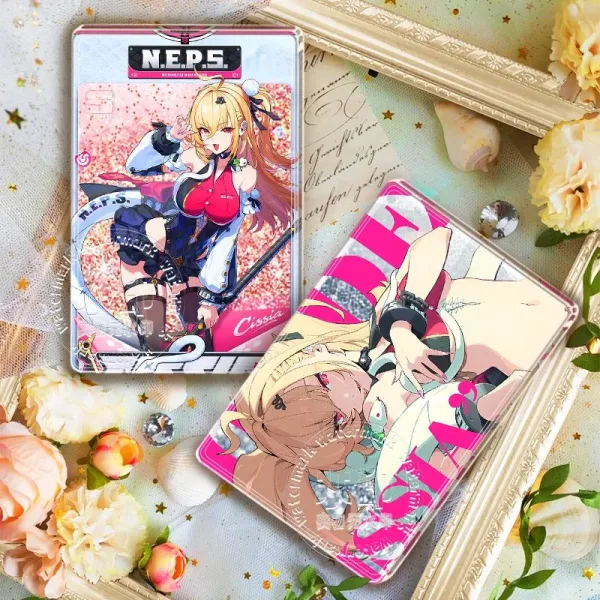 High-transparency ZZZ Cissia acrylic quicksand brick featuring flowing pink glitter and official N.E.P.S. agent card artwork.